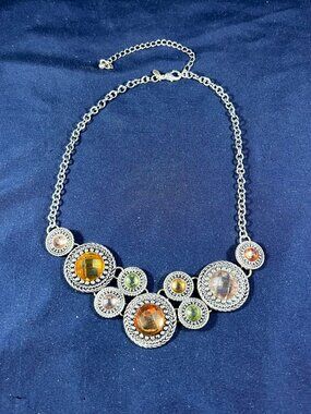 Premier Designs Chiffon Necklace W/ Silver Chain & Round Multicolor Rhinestones